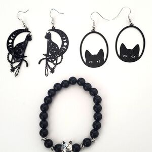 2 pairs Black Cat Dangly Earrings and 1 Natural Black Stone Bracelet